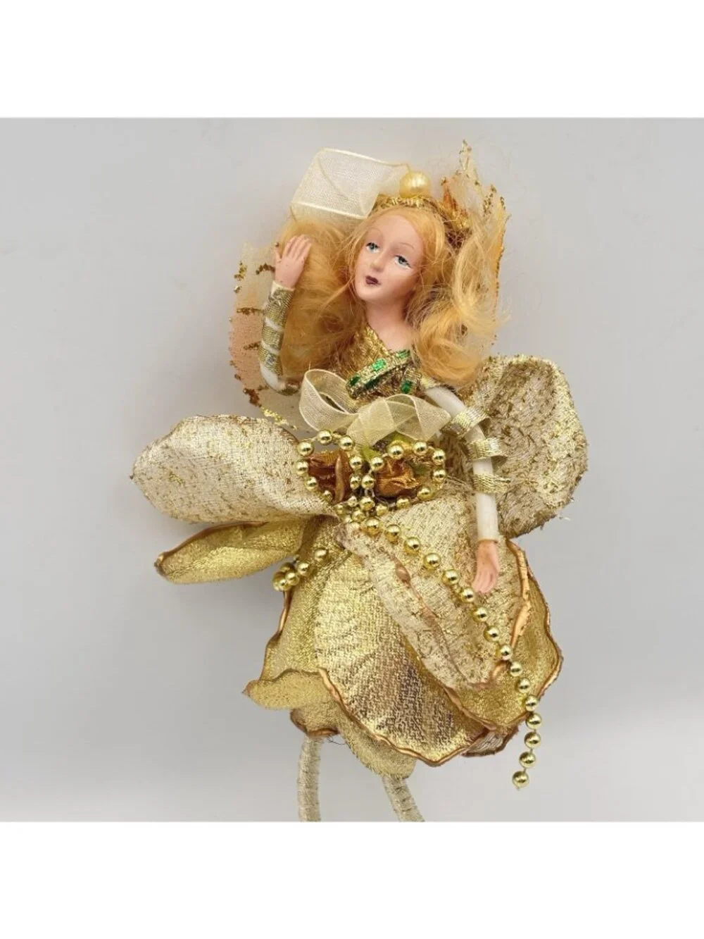 Vintage Porcelain Fairy Lady Gold Green Christmas Ornament Pearls Beads 8 in